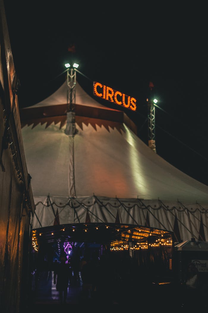 A vibrant illuminated circus tent during a festival evening, capturing the essence of entertainment and nightlife.